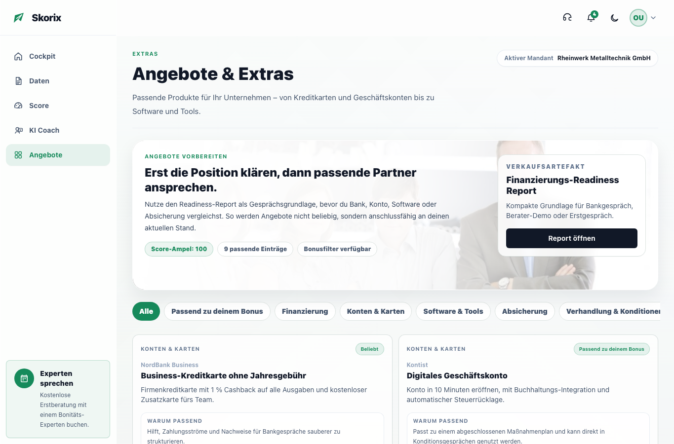 Skorix Angebots- und Partneransicht